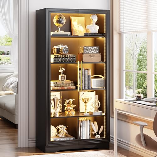Image of LVSOMT Bookcase with Glass Doors and LED Light, Home Office Bookshelf Black | 65 inch Tall Display Cabinet with Adjustable Shelves, Human Sensor, 5 Tier Storage Case for Collectibles, Living Room Study Room