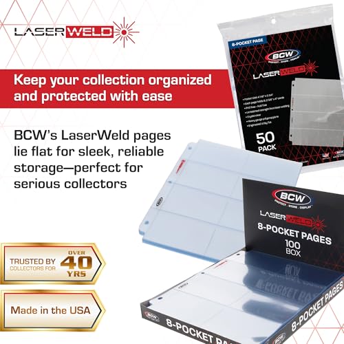 LaserWeld® 8-Pocket Binder Card Sleeves | Card Pages for Binders | Card Sheets for Binder | Card Sleeve Pages for Vintage Sports Cards (1948–1985) | Acid-Free, Archival-Grade | 100 Pack by BCW - Image 2