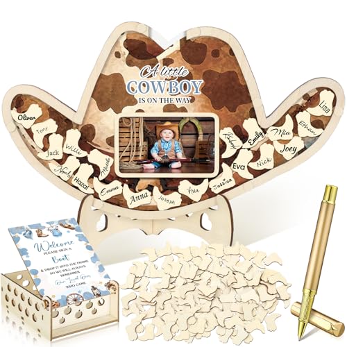 Image of Wenqik 63 Pcs Cowboy Baby Shower Guest Book Alternatives Set Baby Shower Decorations with Photo Frame Sonogram Frame Keepsake 60 Wood Slices Guest Book for Birthday