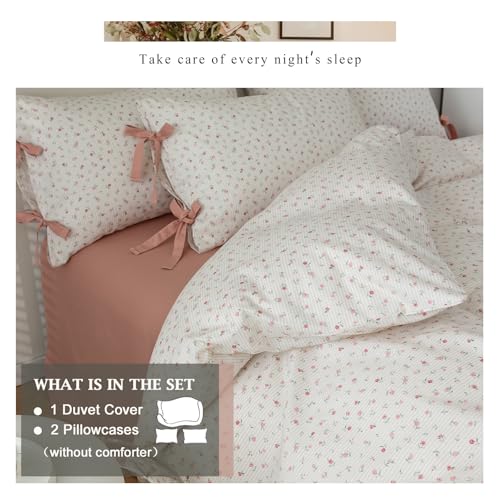 VM VOUGEMARKET Rose Flower Duvet Cover Queen Stripes Bedding Set 100% Cotton Vintage Country Style Girls Comforter Cover with 2 Bow Tie Pillowcases,Off-White/Cream