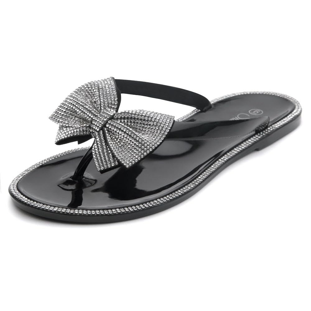 Shoe Land Women's Jelly Flat Sandals, Rhinestone Bow Thong Sandals – Sparkly Flip Flops for Beach & Pool | Comfortable Non-Slip Slides | Cute Bling