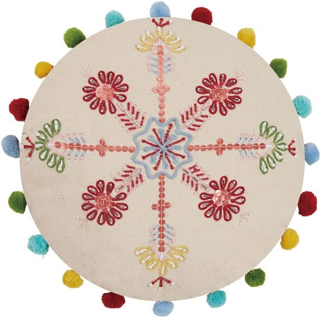 Peking Handicraft Boho Holiday Snowflake Pillow, 14-inch Diameter, Round, Cotton Duck, Poly, Christmas, Home Décor, Holiday Tradition