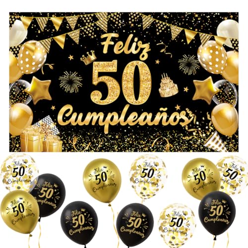 Meleager Decoração 50 Anos Espanhol, Faixa Feliz 50 Anos + 15 Balões, Bandeirola de Feliz 50 Anos Aniversário, Kit Decoração Fotos para Festas Preto e Dourado