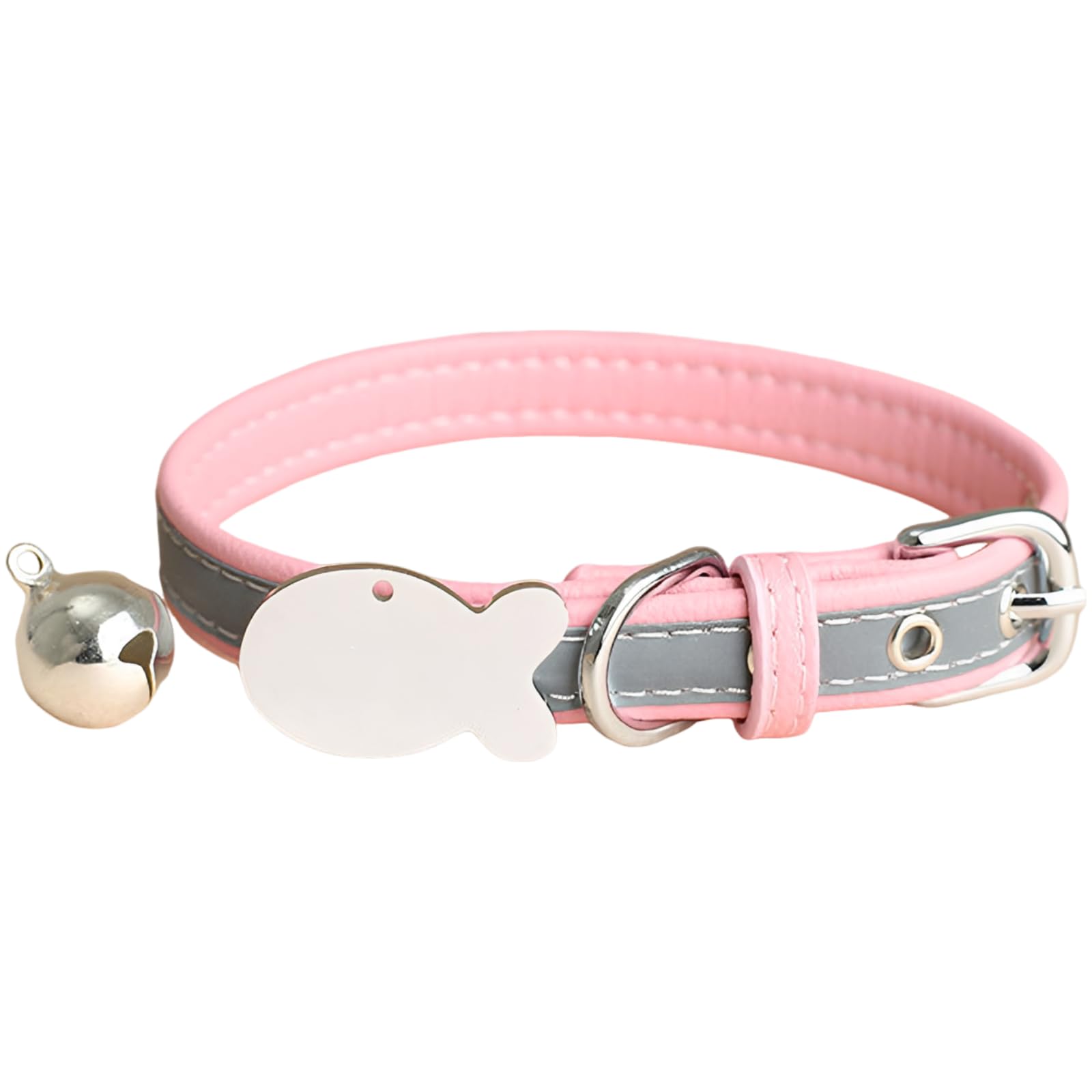 Personalisierte Katzenhalsbänder mit Namensschild und Glocke, graviertes Haustierhalsband mit Fisch ID Platte aus Titanstahl, weiches Faserleder, verstellbar für kleine Hunde, Rosa