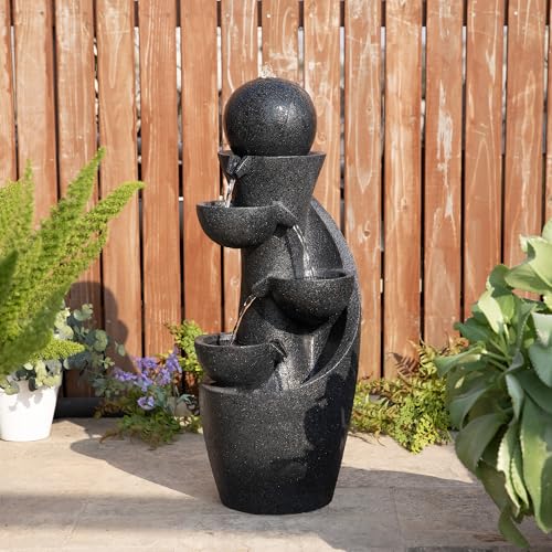 Image of Glitzhome Outdoor Water Fountain with LED Light & Pump, Modern 5-Tier Bowl and Sphere Polyresin Outdoor Fountain, 33.5 inch Cascading Waterfall Fountain Water Feature for Porch Deck Patio Backyard Decor