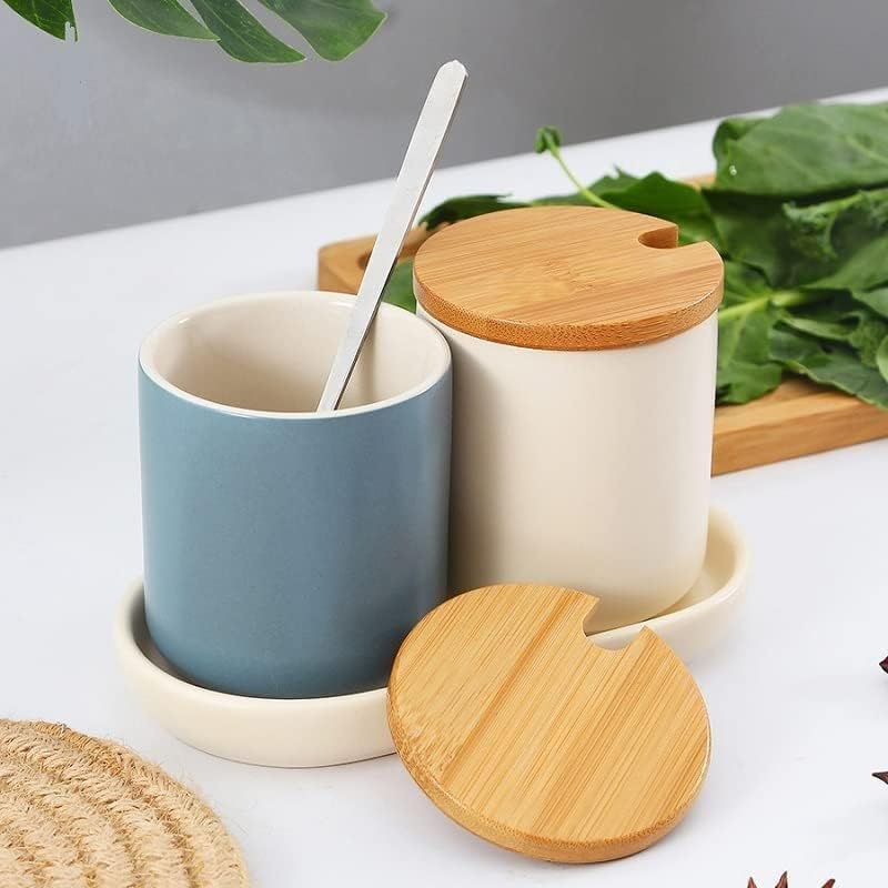 セラミック シュガー ボウル 調味料ポット スパイス ジャー ストレージ ジャー 木製蓋付き スプーン