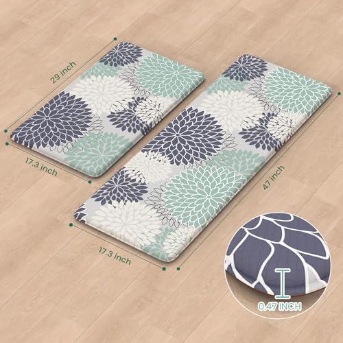 Anti Fatigue Kitchen Mat 2PCS,Boho Dahlia Floral Kitchen Rugs Non Slip Rubber Backing,Waterproof Farmhouse Kitchen Mat for Floor,Cushioned Standing Mat for Office,Laundry,Sink,Desk,Multi Cyan