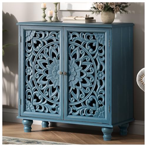 Image of JOINICE 31 inch Accent Storage Cabinet with Carved Doors,Mandala Blue | Carved Floral Design, Solid Wood Legs, Versatile Storage for Living Room & Bedroom & Hallway, Adjustable Shelf, Easy Assembly
