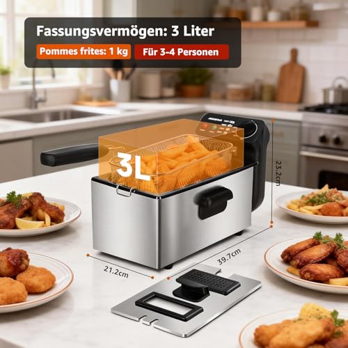 Foto von Aigostar Ushas - Fritteuse 3L, 2200 W, Transparenter Deckel, Herausnehmbare Innenpfanne, Einstellbarer Thermostat, Wedelstahl, BPA-frei