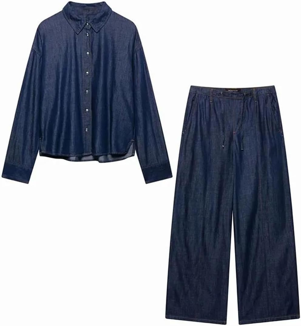 Womens Casual Denim Suit High Waist Wide Leg Pants and Long Sleeve Single-Breasted Shirt Sets