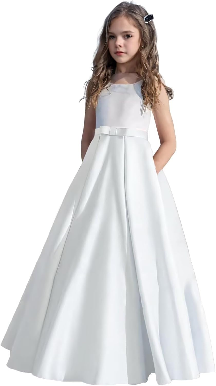 V-Back Satin Flower Girl Dress Girls Junior Bridesmaid A-Line Wedding Dress First Communion Maxi Dress for Pageant