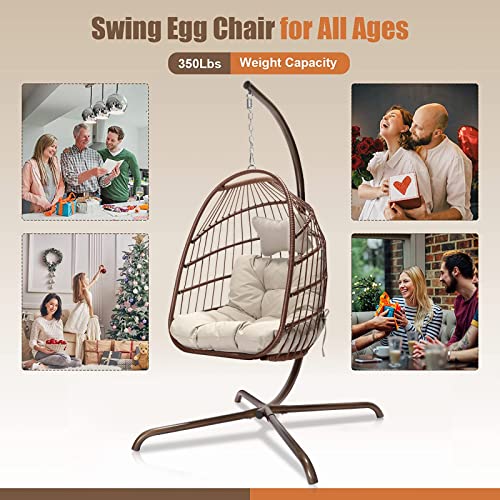 Nicesoul® Swing Egg Chair With Stand Indoor Outdoor Wicker Rattan Patio Basket Hanging Chair With Uv Resistant Cushions Steel Frame 350Lbs Capaticy For Bedroom Balcony Patio (Brown) #TOP4