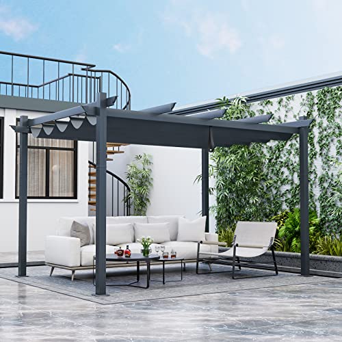 COSTWAY Large Metal Garden Pergola with Retractable Roof, 10x13ft Large Garden Pergola with Canopy Sun Shade for Outdoor, Aluminum Gazebo for Patio Party BBQ (Gray)