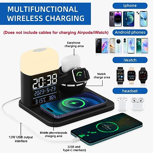 Image of Wireless Charging Station with Night Light,6 in 1 Wireless Charger with Alarm Clock Compatible for iPhone14 /13 /12 /11 /X /iWatch SE /8 /7 /6 /5 /4 /3 /2 /1 /AirPods 3 /2 /1 /Pro,Charging Dock for Multiple Devices