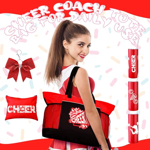Patelai 4 Pcs Cheerleader Gifts Set Cheer Tote Bag 20 oz Tumbler Makeup Bag Keychain Cheer Stuff Accessories for Cheerleader3