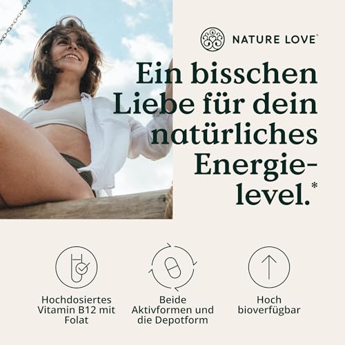 NATURE LOVE® Vitamin B12 Vegan - 500 µg pro Tagesdosis - 180 Tabletten - Beide aktive Formen Adenosyl- & Methylcobalamin + Depot + Folat 5-MTHF aus Quatrefolic® - Hochdosiert und laborgeprüft 2
