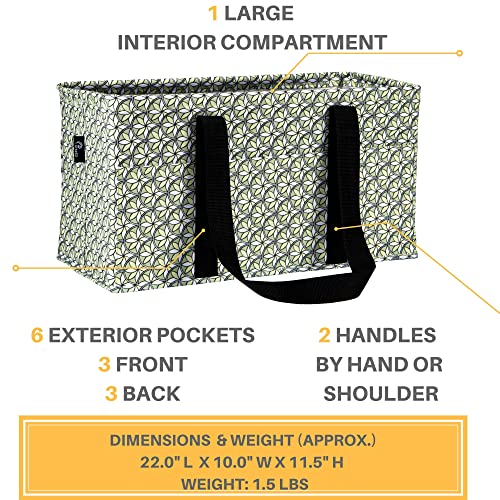 Pursetti Extra Large Utility Tote Bag for Women with 6 Exterior Pockets - Perfect as Beach Bag, Pool Bag, Laundry Bag, Storage Tote for Ballgame, Beach, Pool, and Home (Geometric Green Flowers) - Thumbnail 3