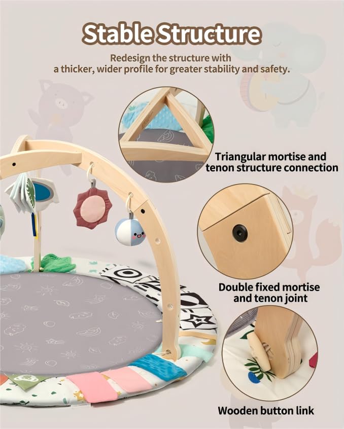 Baby Play Gym Mat with Tummy Time Activity for Newborn Girls and Boys, Non-Slip Floor Mat Includes 6 Detachable Toys for Sensory Development, Machine Washable, Essential Gift (Grey)