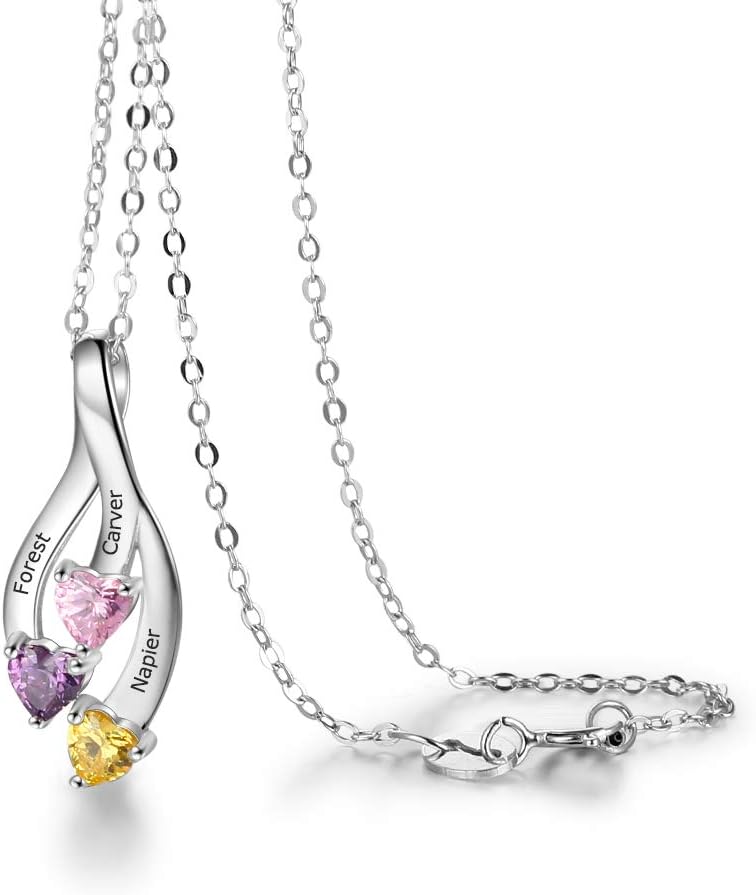 Personalized Mothers Names Necklace with 3 Simulated Birthstones for Women Customized Hearts Necklace for Mother's Day Relationship Necklace Family Name Necklaces for Mom
