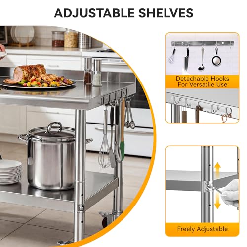 Image of DWVO 36x24in Stainless Steel Table Backsplash & Wheels | NSF Metal Prep Worktable for Kitchen Restaurant Hotel Garage Warehouse Home Commercial