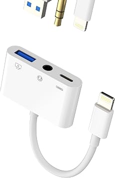 Zoyuzan 3 in 1 USB Adapter - Lightning Connector, Supports USB Camera, Card Reader, Headphones, and Bidirectional File Transfer