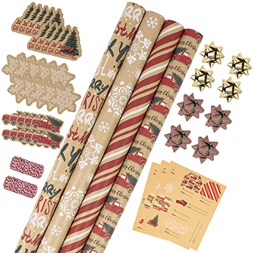RUSPEPA Christmas Wrapping Paper Set - 4 Rolls of Kraft Wrapping Paper (30 Inches x 10 Feet Per Roll) with 8 Gift Bows, 1 Spools of Bakers Twine, Jute String, 30 Stickers and 30 Gift Tags - Red