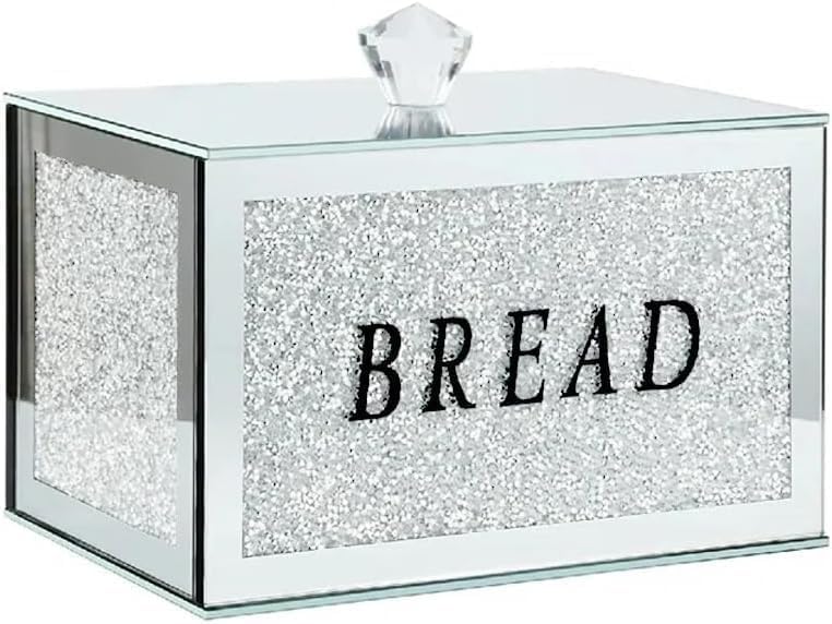 SEGOY XL Silver Mirrored Glass Crushed Crystal Diamond Bread Bin Kitchen Storage Container 30x23x20cm