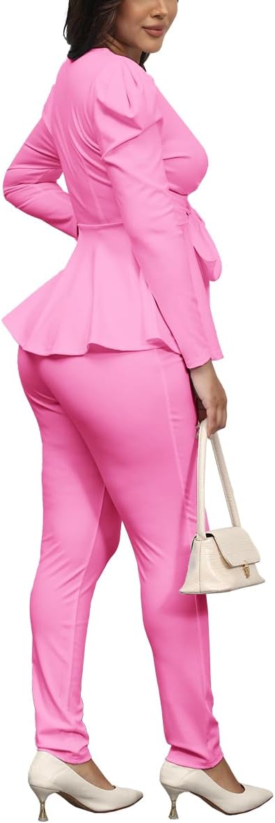 Remelon 2 Piece Outfits for Women Blazer with Pants Deep V Long Sleeve Slim Fit Ruffle Pelplum Business Suit - Image 6