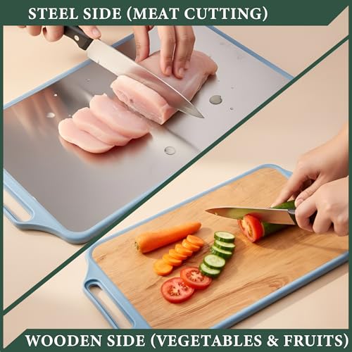 Image of Parage 2-in-1 Reversible Chopping Board | Stainless Steel + Wooden Dual-Side Cutting Board | Hygienic, Anti-Slip, Heavy-Duty Board for Meat, Vegetables, Fruits & Kitchen Use | 37 x 23.5 cm