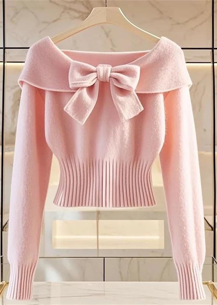 Women's Bowknot Knitting Sweater Cinched Waist Crop Base Layer Tops Solid Color Knitted Pullovers - Image 3