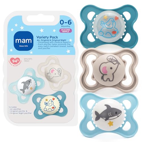 Image of MAM Variety Pack Baby Pacifier, Includes 3 Types of Pacifiers, Nipple Shape Helps Promote Healthy Oral Development, 3 Pack, 0-6 Months, Boy