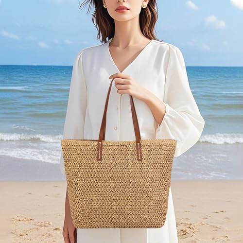 Image of Naimo Women Straw Beach Shoulder Bag Woven Tote Handbag Large Handmade Weaving Summer Casual Hobo Bag
