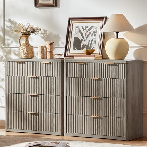 LEYAOYAO Fluted 5 Drawers Dresser for Bedroom Set of 2, 34" Tall Modern Chest of Drawers with Metal Handle, Curved Profile Design,Grey Wood Drawer Organizer for Bedroom, Living Room, Hallway