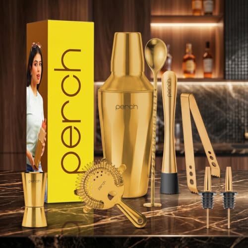 Image of O' Holic by Perch Craft 8-Piece Stainless Steel Bartender Kit|Premium Cocktail Shaker Set with Jigger 30 /60ml, Spoon,Pourer,Ice Tong, & Bar Tools|Professional Bar Set for Home &Tour Parties|Golden
