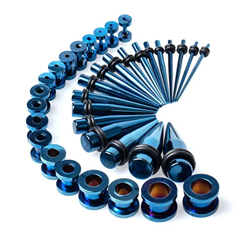 Cabbe Kallo 36Pcs Ear Stretching Kit 14G-00G Surgical Steel Tapers Tunnels Gauges Set For Starter Women Men Expanders Body Piercing Jewelry, Blue #TOP2