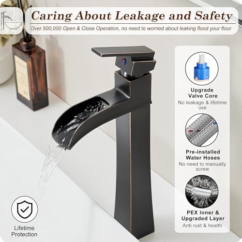 HOIGY Bronze Waterfall Vessel Sink Faucet, Brass 12 Inch Tall Bathroom Faucets Single Hole Single Handle for Bathroom Bowl Sink with Pop-up Drain & Hoses for Vanity Countertop Modern Farmhouse by HOIGY - Used condition - Image 5
