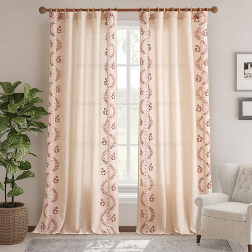 Image of jinchan Floral Linen Curtains 96 Inch Farmhouse Back Tab 2 Panels