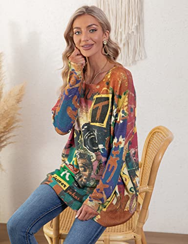 Image of YESNO Women Christmas Sweater Graphic Printed Oversized Pullover Sweaters Casual Loose Knit Tops S01