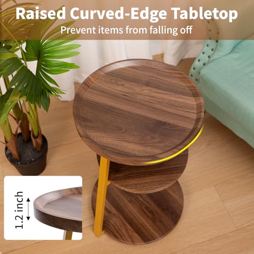 NAVKONY Small Round Side Table, 3-Tier End Table for Living Room, Wooden Nightstand Bedside Tables with Storage Shelf, Circle Accent Table for Bedroom, Office, Apartment (Walnut, Golden Frame) — view 6