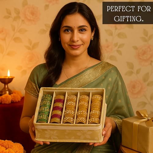Image of PVC 5-Rod Floral Bangle Organizer Box for Women, Beige | Jewellery Bangle Storage Case for Chudi, Kada & Accessories, Bangle Holder Pouch, Pack of 1
