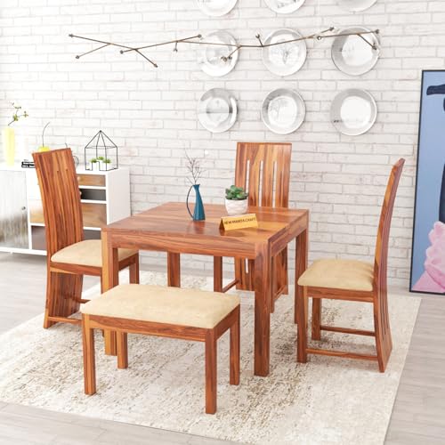 Image of Solid Sheesham Wood Dining Room Sets 4 Seater Dining Table with 3 Chairs & 1 Bench for Dining Room, Living Room, Kitchen, Hotel, Restaurant, Cafeteria (Zinor, Honey Finish)