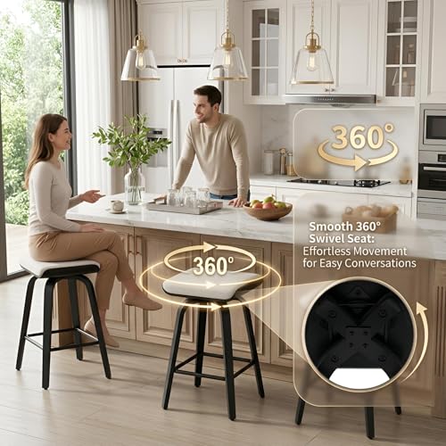 Image of HNY 26 inch Swivel Bar Stools Set of 2, Backless Counter Height Bar Stools with Removable Boucle Cushion, 360 Swivel Wooden Saddle Stools with Footrest for Kitchen Island, Home Bar & Small Spaces, White