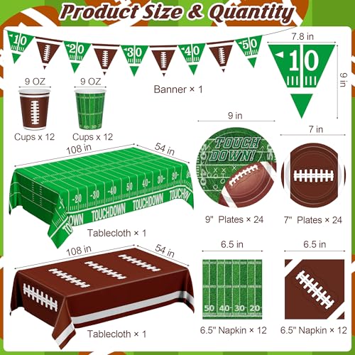 QZYL Football Party Supplies Kit Serve 24, 99 PCS Football Dinner Plates Football Dessert Plates Football Paper Plates Football Tablecloth Cups Napkins and Banner for Touchdown Game Day Favors Plates - Thumbnail 2
