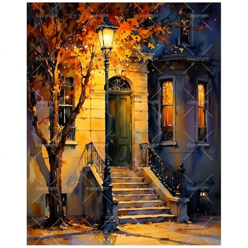 Autumn Porch Paint by Numbers Kit for Adults - DIY Doorway with Leaves and Lamp Painting on Canvas 16x20In, Acrylic Paint Set, Suitable for Beginners, Art for Home Decoration or Gifts