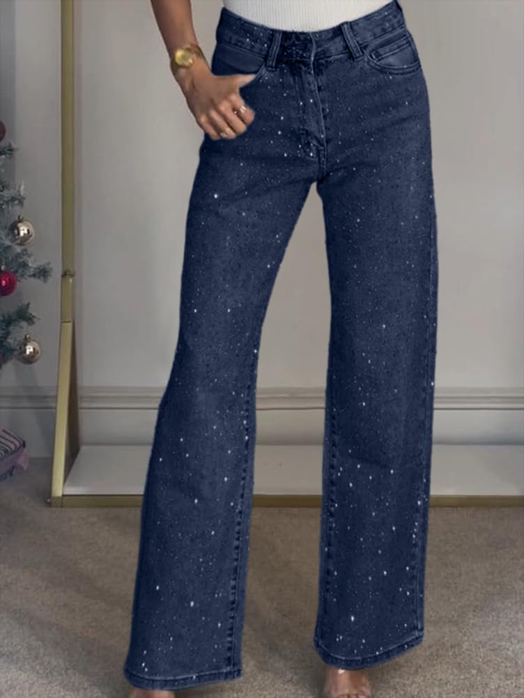 shownicer Jean Femme Taille Haute Wide Leg Jean à Strass Baggy Jeans Large Stretch Droit Jeans Brillant Y2K Pantalon Streetwear