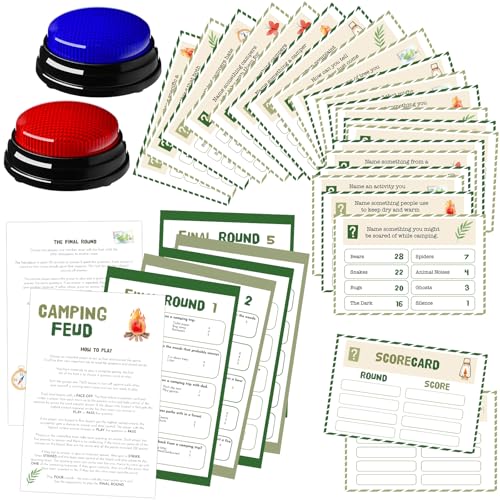 Humyoun 30 Pcs Camping Friendly Feud Game Set Camping Party Game Trivia Quiz with 18 Card 2 Buzzer for Adults Family Games Activities Party Supplies, Battery Not Included