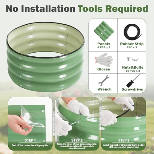Image of 3 PCS Round Raised Garden Bed 2x2x1 ft, Metal Outdoor Planter Box Kit with Safety Rubber Edge, Easy Assemble Bottomless Small Planting Container for Vegetable, Flower, Fruit, Green