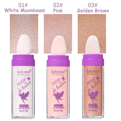 Wenfeng 3 Colors Polvo De Hadas,Fairy Highlight Patting Powder Highlighter Stick Highlighter Body Brightens The Natural Three-Dimensional Face Powder Blusher (White Moonbeam+Pink+Golden Brown) #TOP4