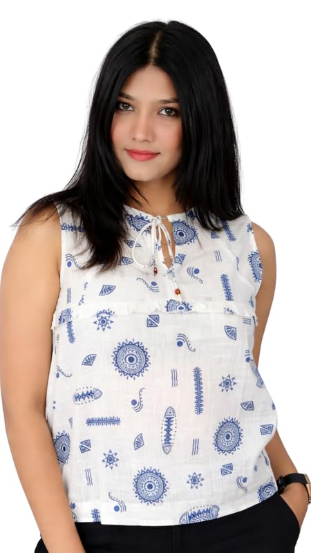 Image of Rayon Floral Printed Sleeveless Top for Women | Round Neck Tie-Up Detail Top | Casual Summer Wear Tunic | Regular Fit Kurti for Women