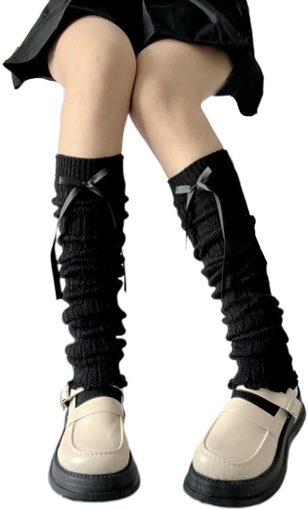 Women Ribbed Knit Leg Warmer Socks Japanese Sweet Ribbon Bowknot Ruffled Foot Stocking